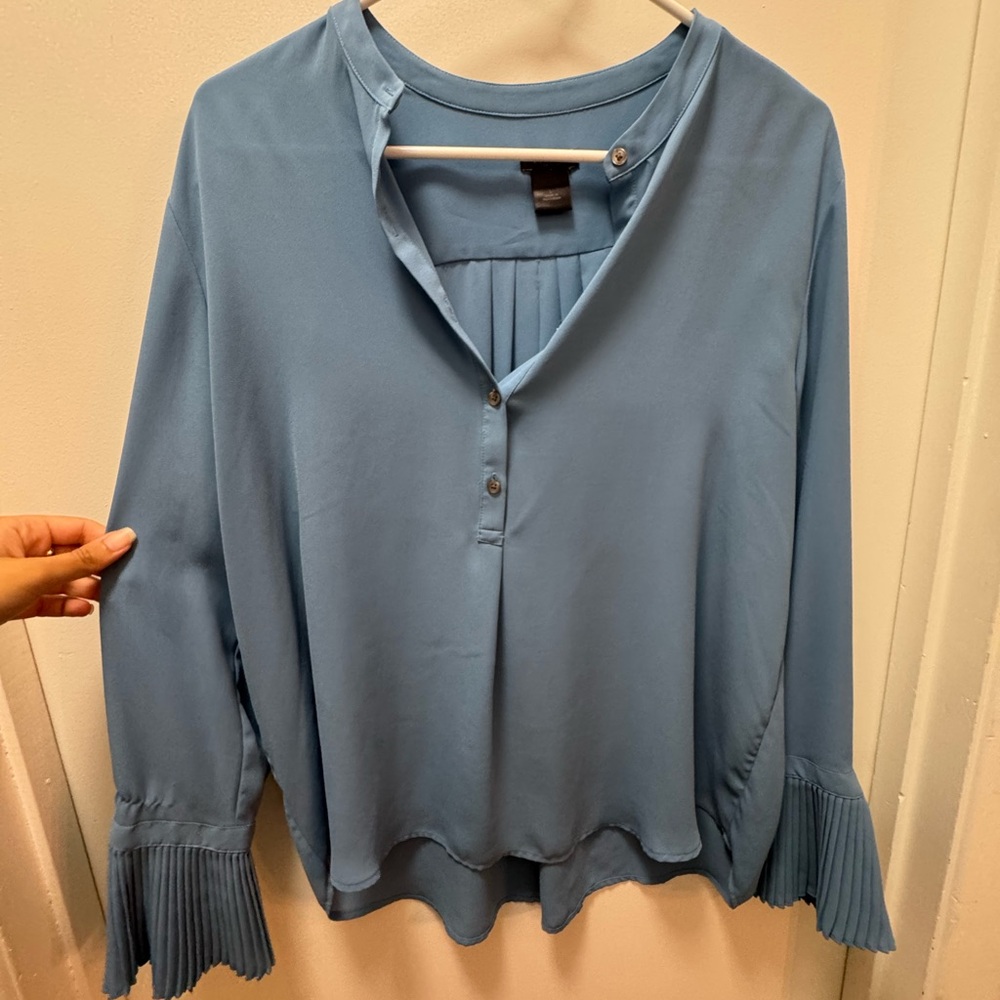 Ann Taylor Blue Pleated Blouse with Mandarin Collar
